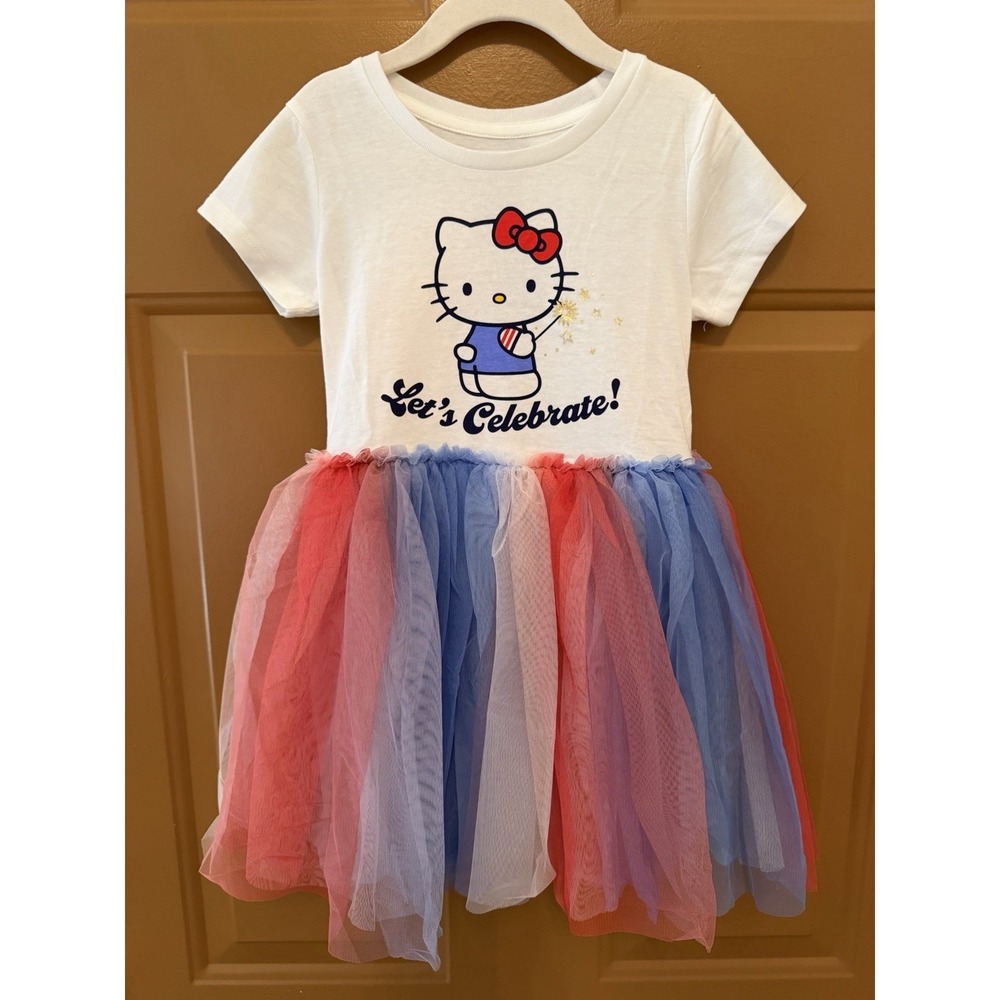 Girls' Hello Kitty 4th Of July Short Sleeve Tutu Dress XS NWT Red, White, & Blue